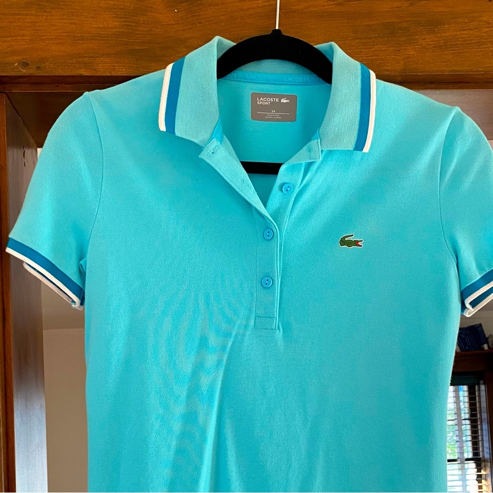 NEW Lacoste women’s sport knit tennis button down turquoise blue striped trim 34